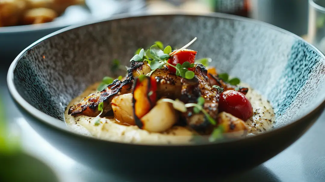 Grilled octopus with vegetables and sauce in bowl