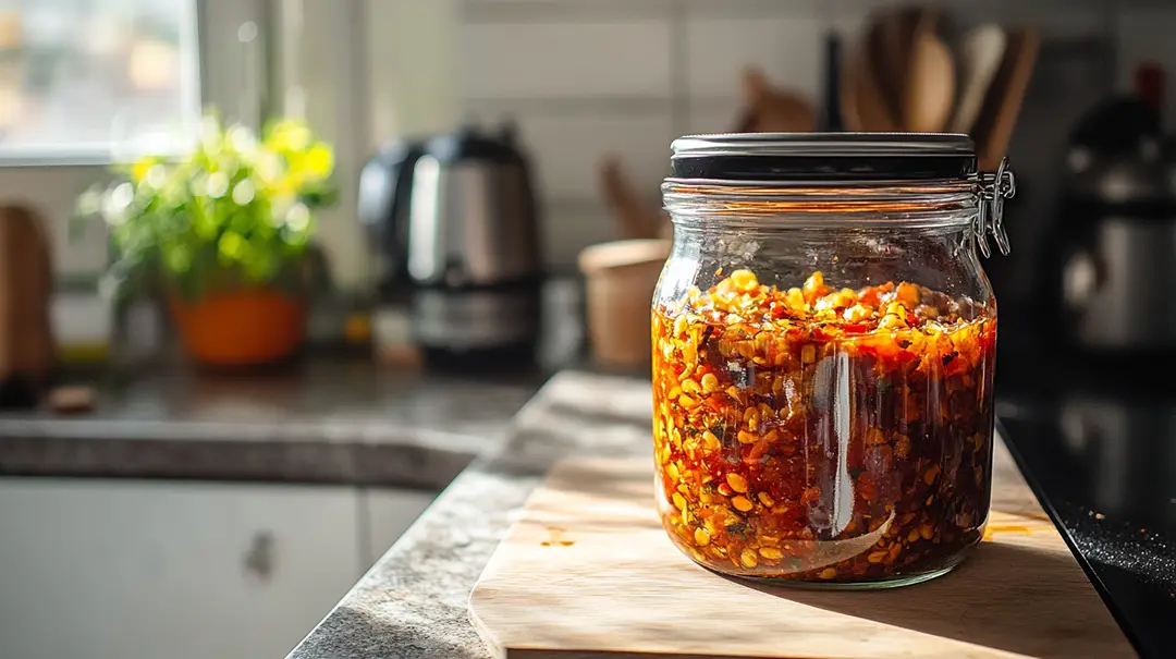 Glass jar with homemade chilli sauce on kitchen counter.