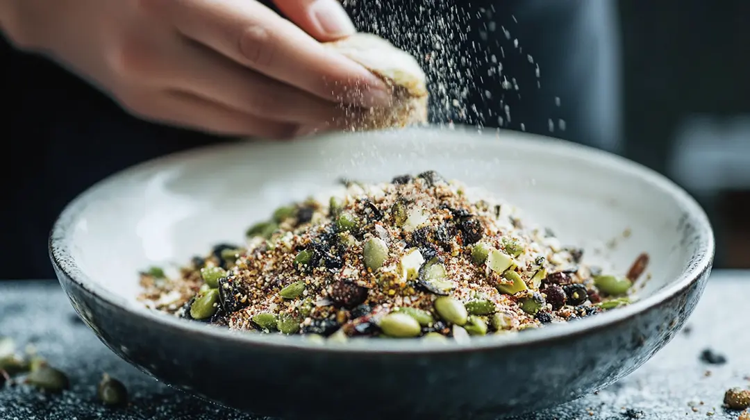 Hand sprinkling seeds over a mixed salad.