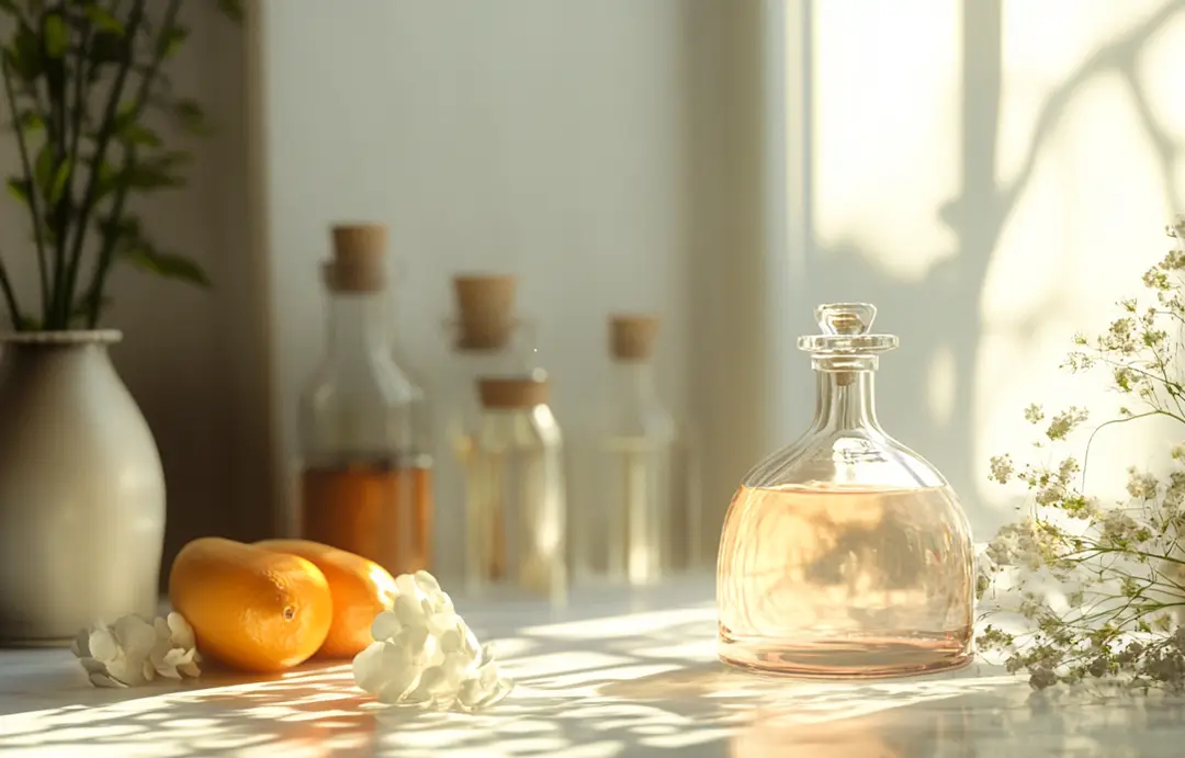 Perfume bottle and flowers on a sunlit table.