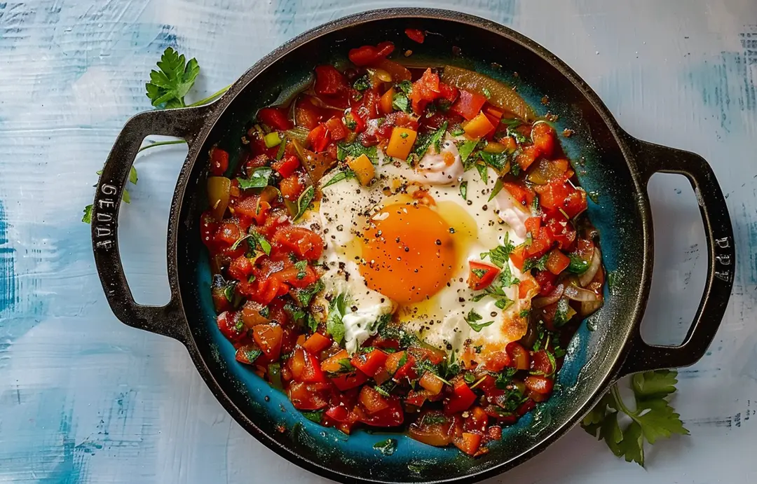 menemen: poached eggs in spicy tomato sauce.