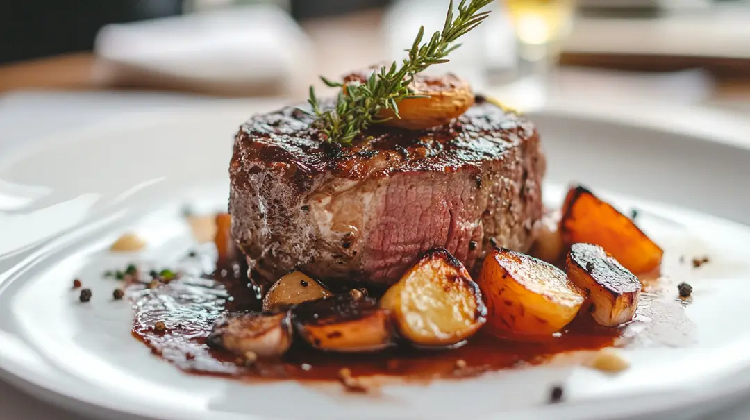 Grilled steak with roasted potatoes and herbs