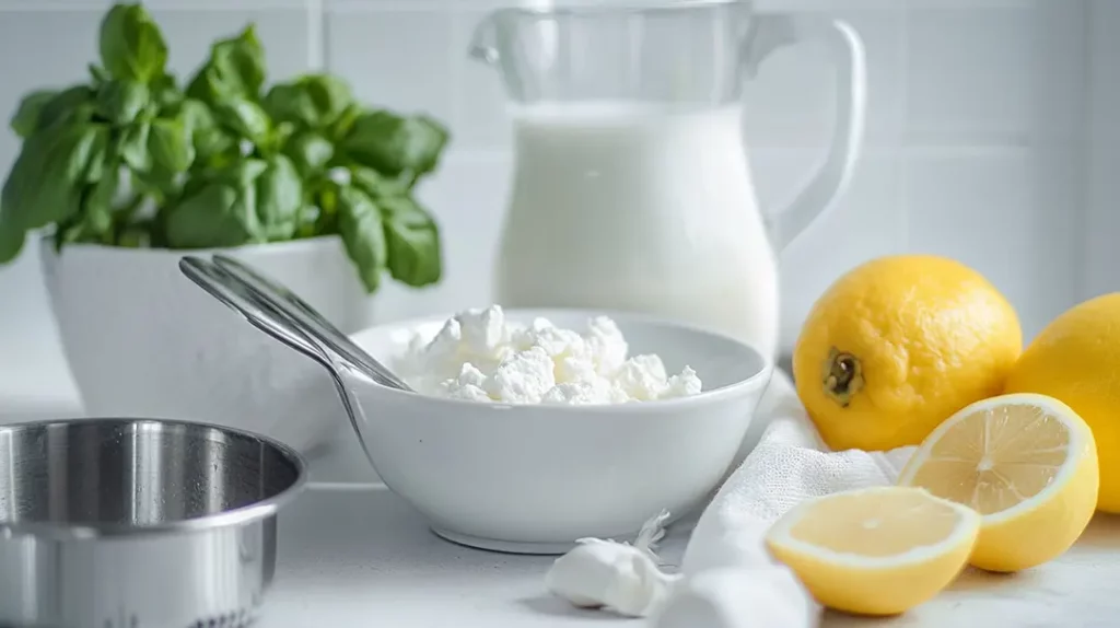 Bowl with cottage cheese and fresh lemon halves.