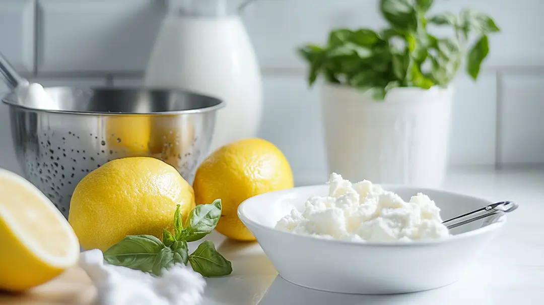 Fresh lemons and ricotta cheese on kitchen counter
