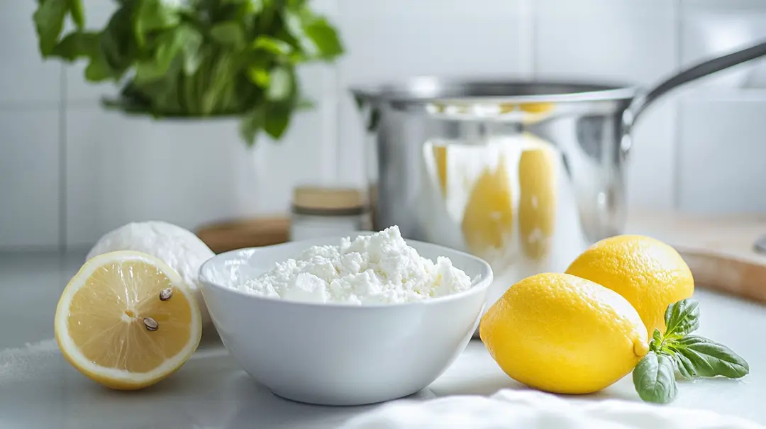 Fresh lemons and ricotta cheese in kitchen setting