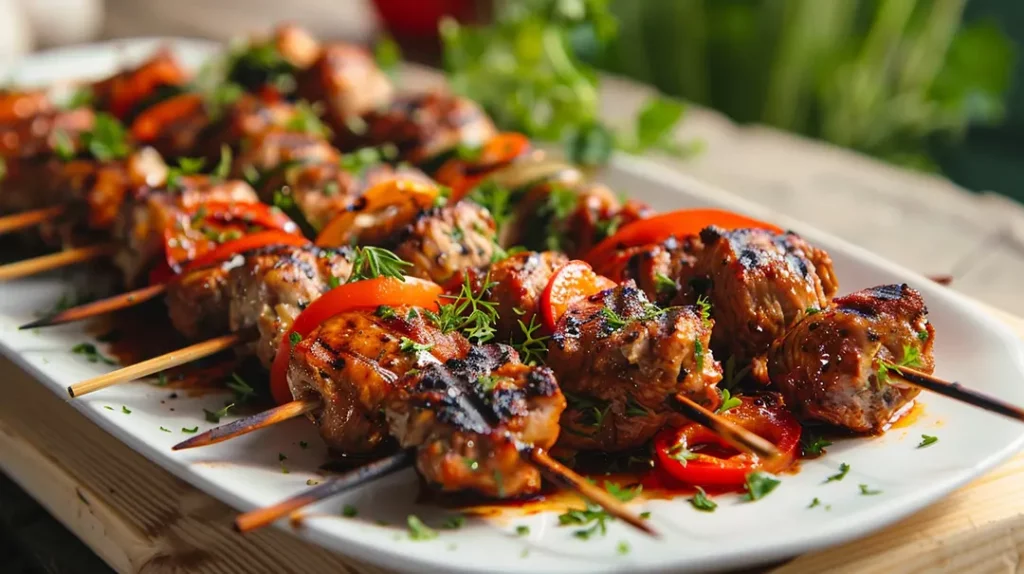 Grilled Turkish kebabs with vegetables on a plate