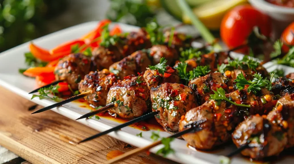 Grilled skewers with vegetables and herbs on plate