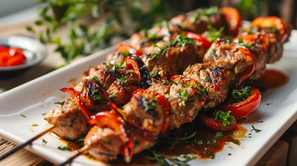 Grilled kebabs with vegetables on a plate