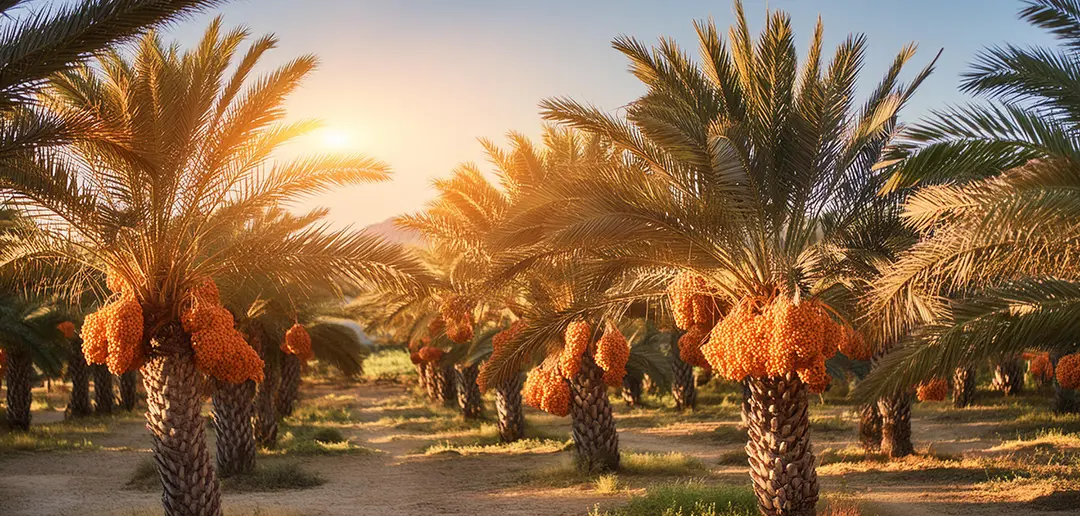 Date palm plantation at sunset