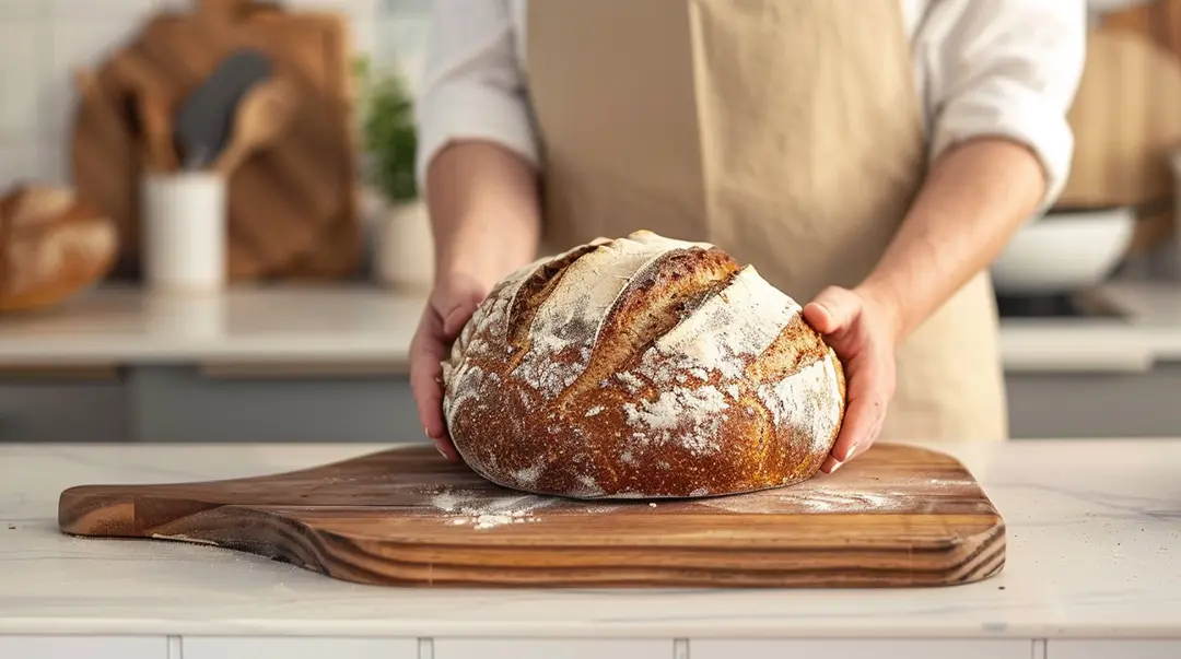Freshly baked bread on wooden board.