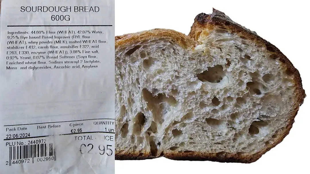 Sourdough bread ingredients and a slice.