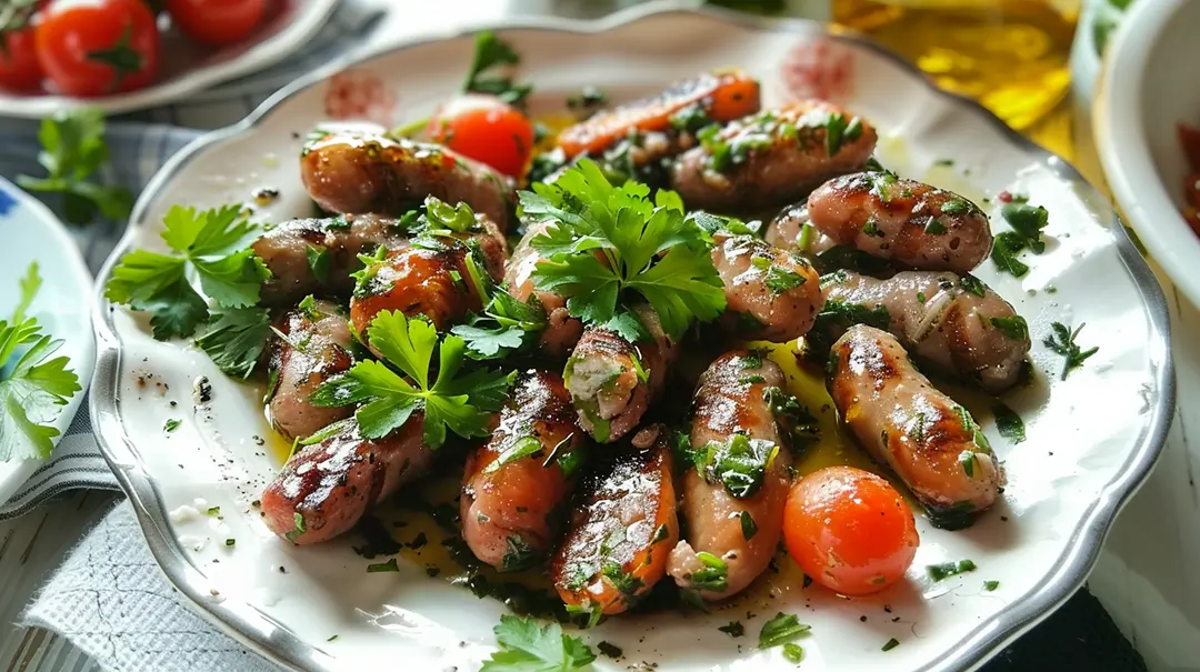 Grilled Sheftalia with herbs and cherry tomatoes