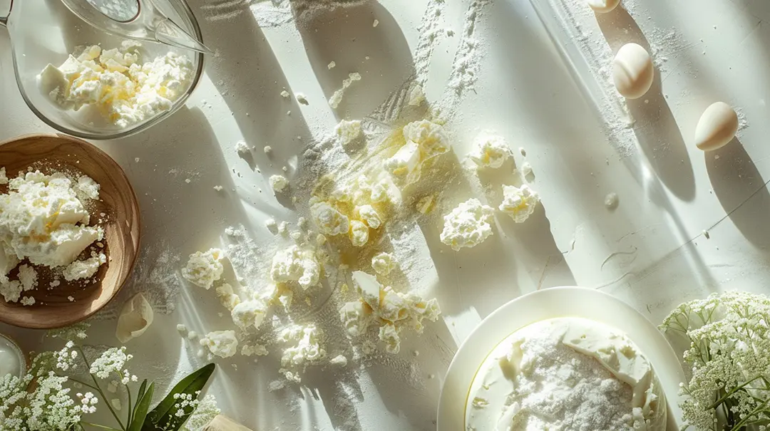 Ingredients for baking: flour, eggs, and butter on table.