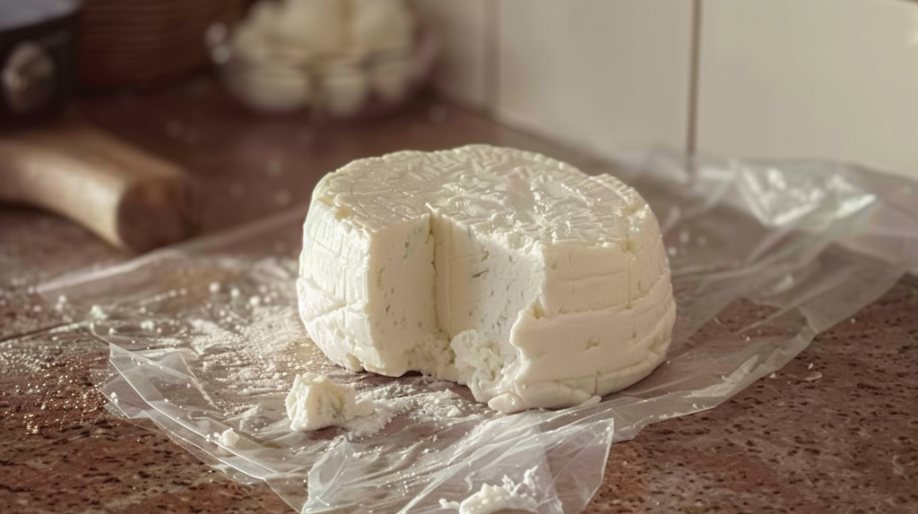 Fresh block of white cheese on counter.