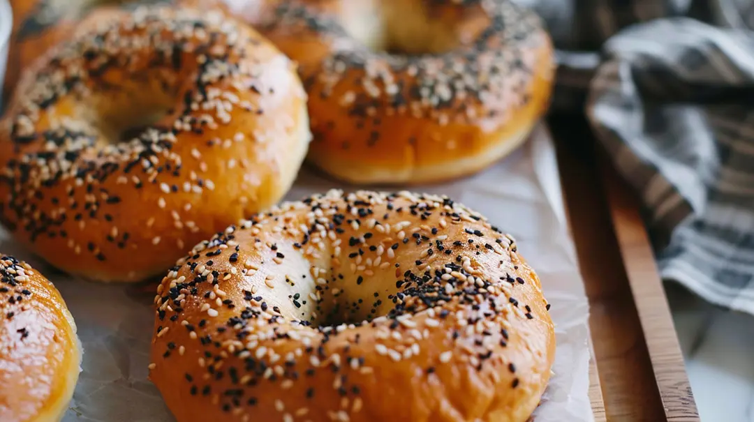 Freshly baked bagels with seeds