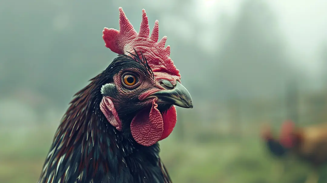 Close-up of a Maltese Black Chicken in a foggy field