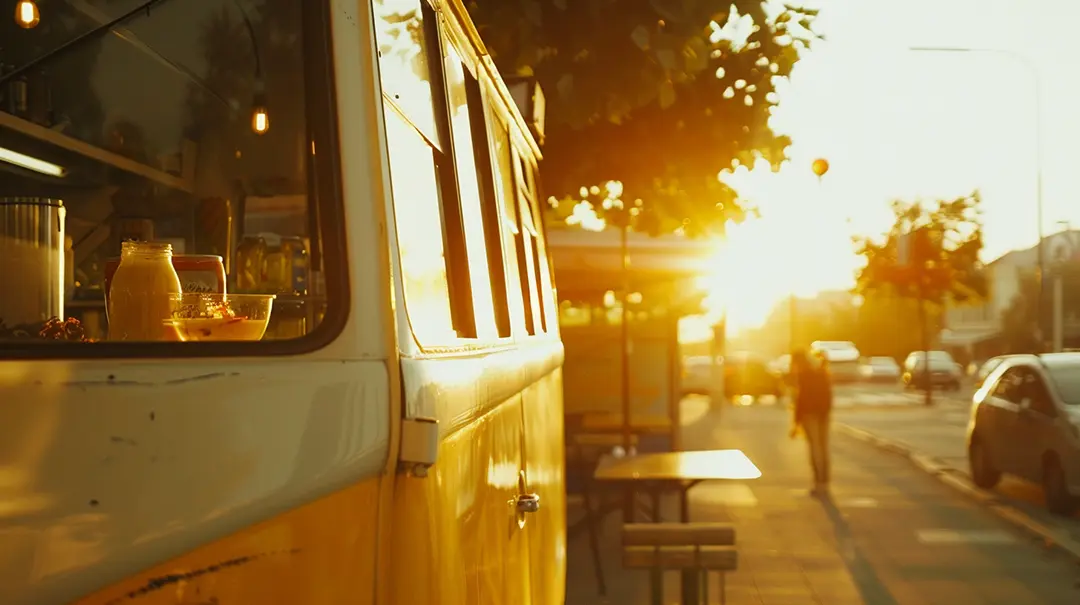 Yellow VW Camper van at sunset on empty street.