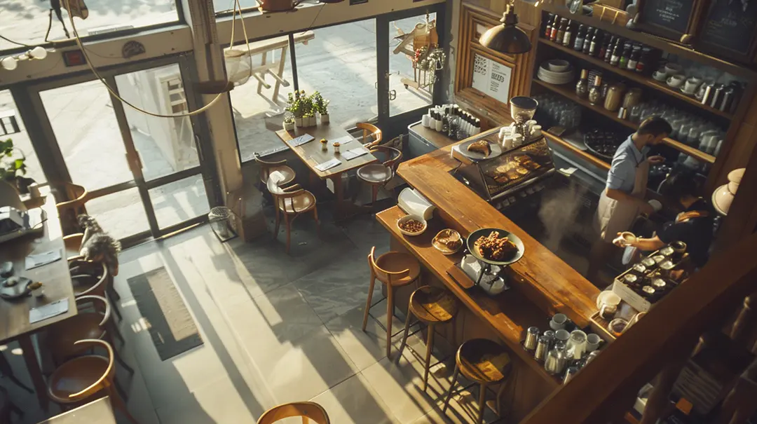 Cosy café interior with wooden furniture and bar counter