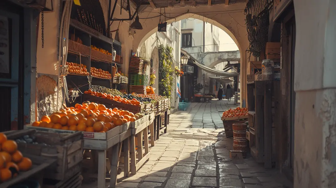 Outdoor spice market in cyprus with oranges and arched walkway.