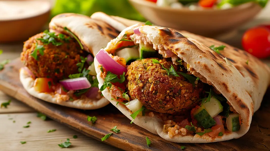 Falafel wraps with vegetables on a wooden board.