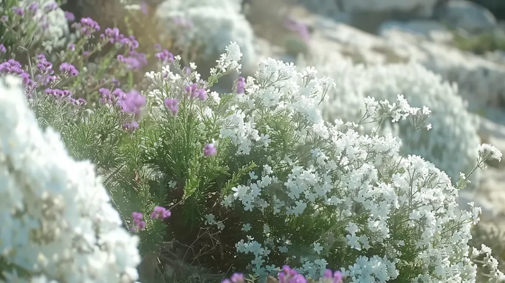 Purple and white flowers blooming in a sunny garden.