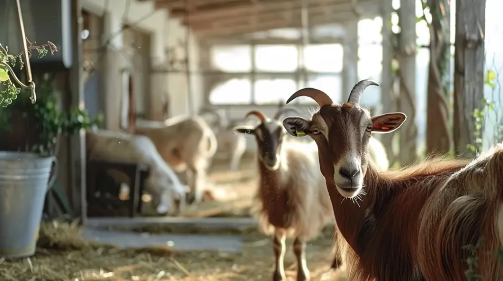 Goats in a barn with hay