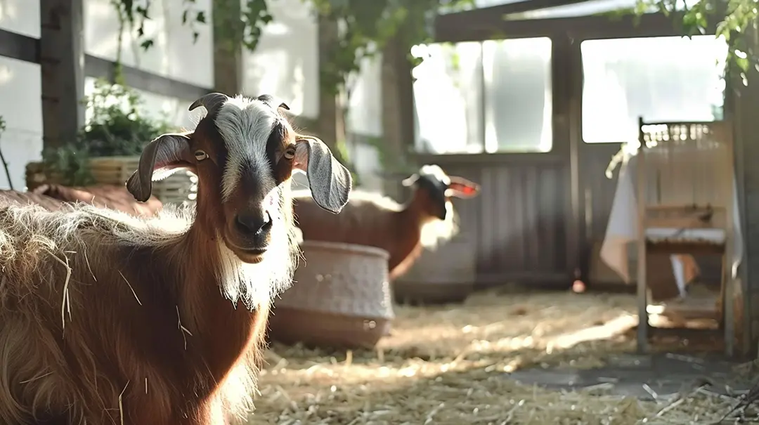 Goat standing in a barn with straw bedding.