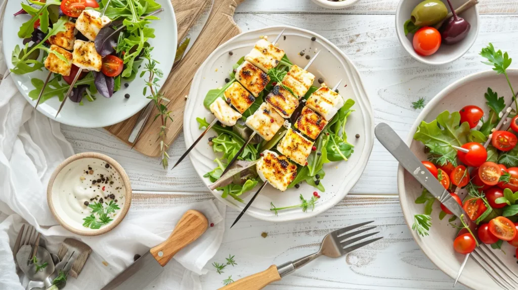 Grilled halloumi salad with tomatoes and leafy greens.
