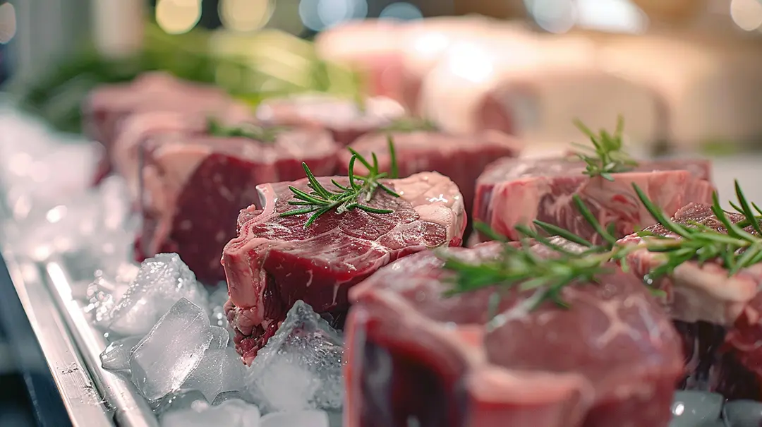 Raw lamb chops with rosemary on ice display