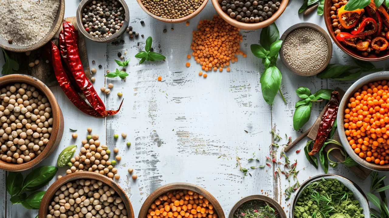 Assorted spices and herbs in bowls on wooden table.