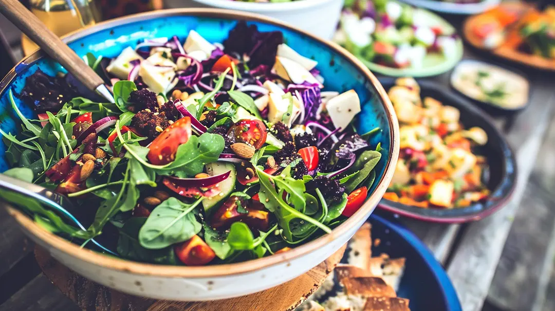 Colourful vegetable salad in a blue bowl