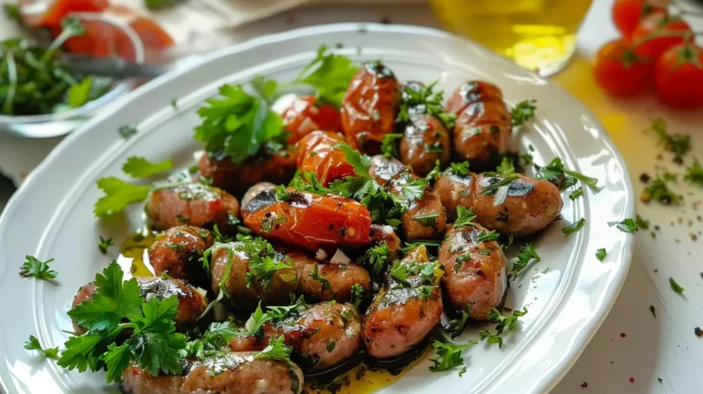 Grilled sausages with herbs and tomatoes on plate