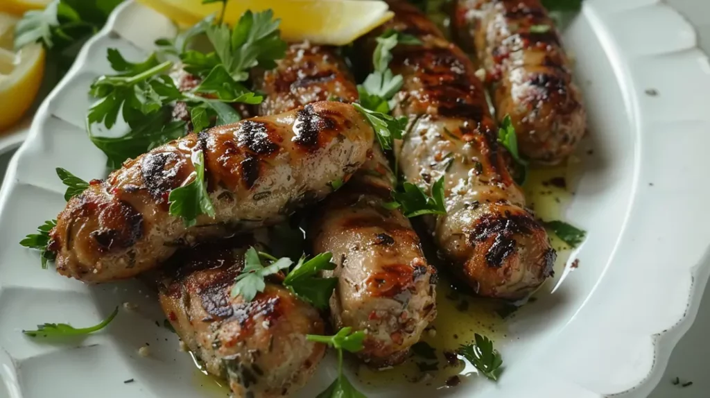 Grilled sausages with herbs on a white plate.