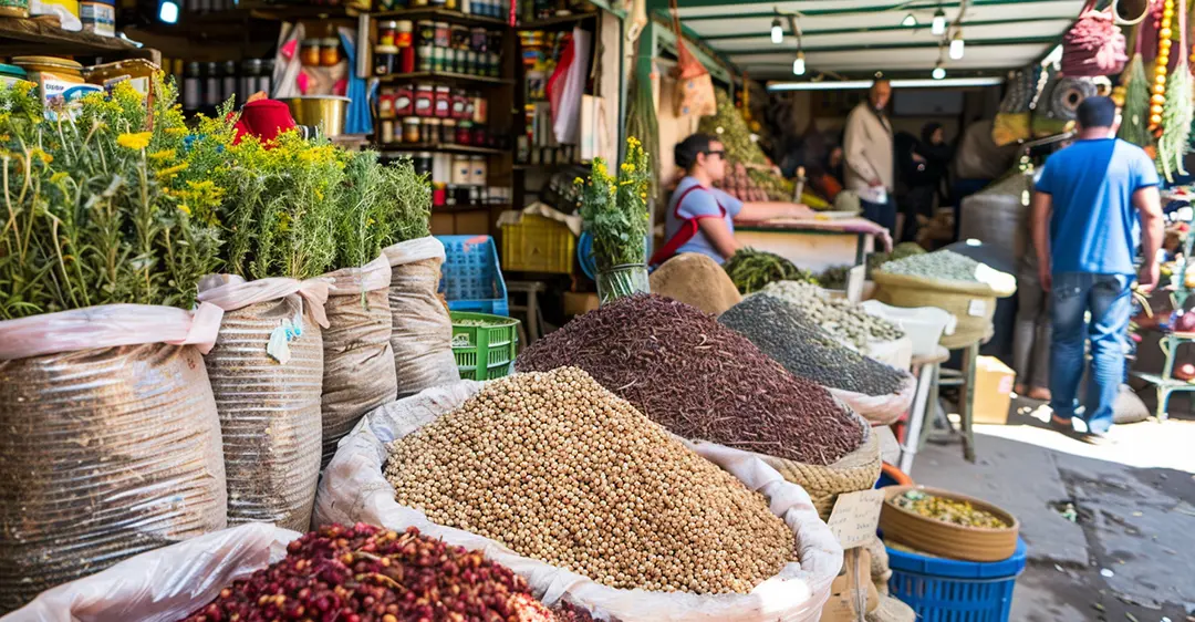 Market stall with various herbs and spices.