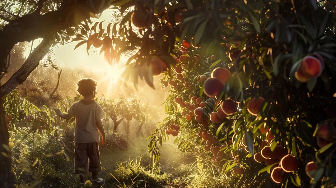 Child in sunlit peach orchard