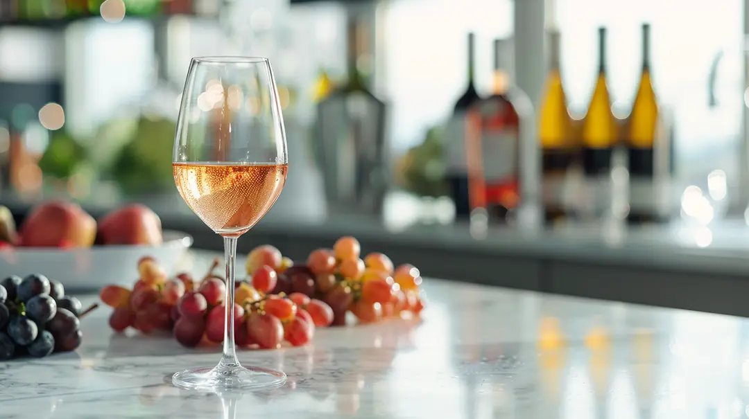 Glass of rosé wine with grapes on table.