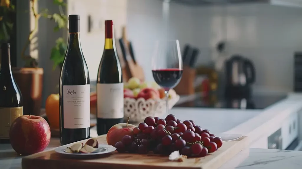 Wine bottles, glass, grapes, and apples on kitchen counter.