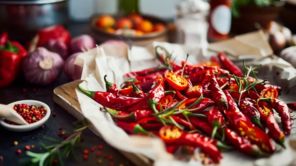 Fresh aleppo chillies on a tray with spices.