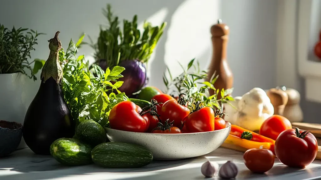 Fresh vegetables and herbs on kitchen counter for Caponata