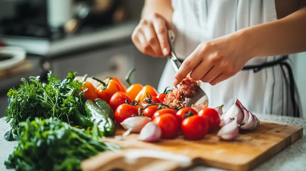 Person chopping vegetables on wooden board for Caponata