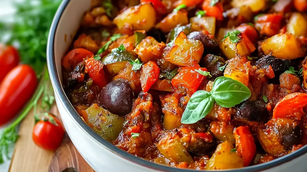 Vegetable Caponata in a white bowl
