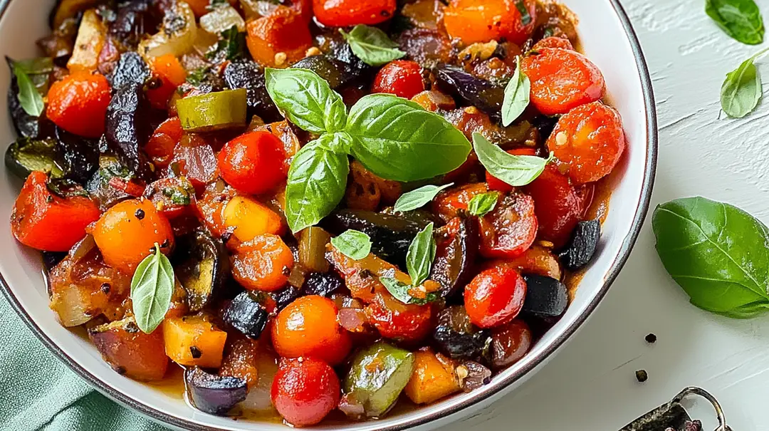 Fresh Caponata garnished with basil leaves in a bowl
