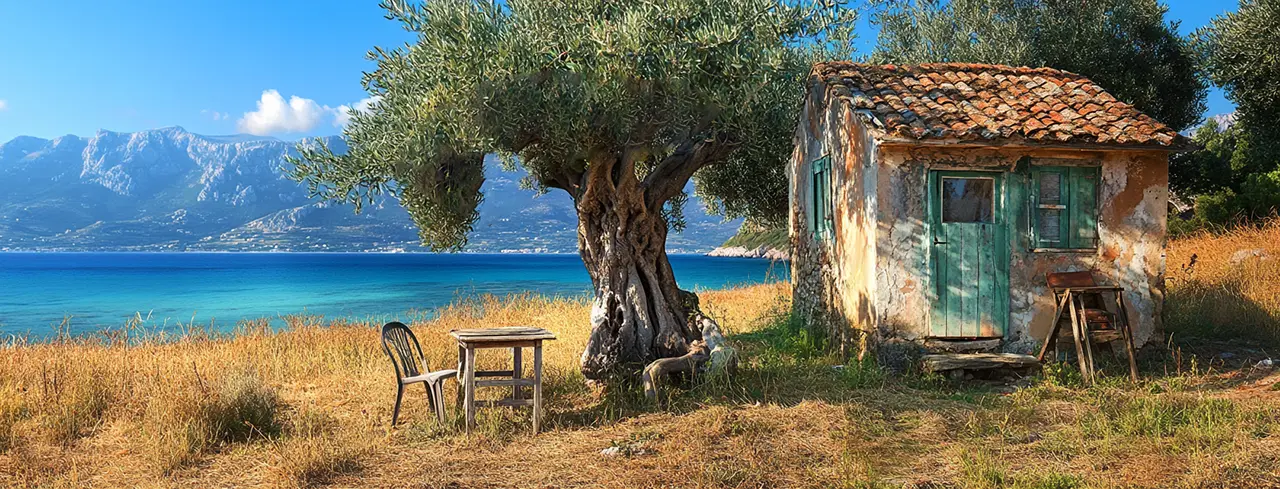 Rustic cabin by the sea with mountain view.