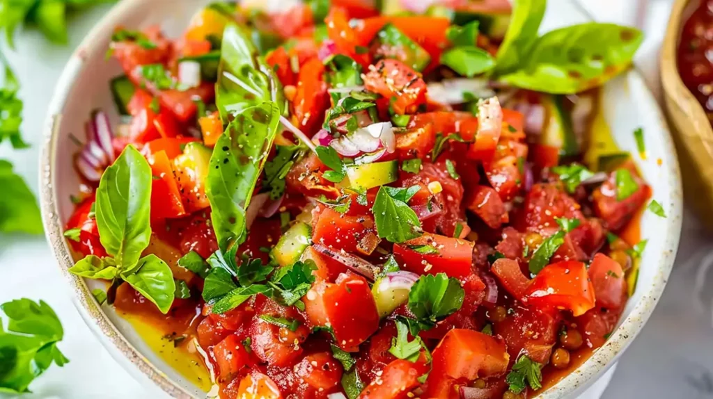 Fresh tomato and herb salad in a bowl