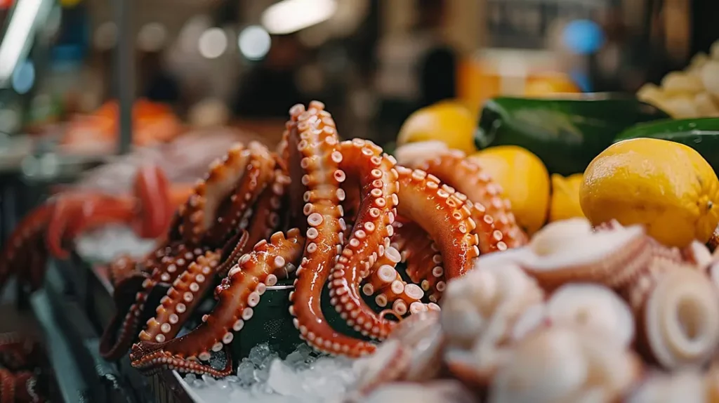 Fresh octopus tentacles on display at seafood market.