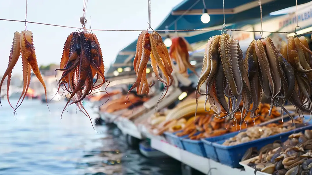 Fresh octopus hanging at a fish market.