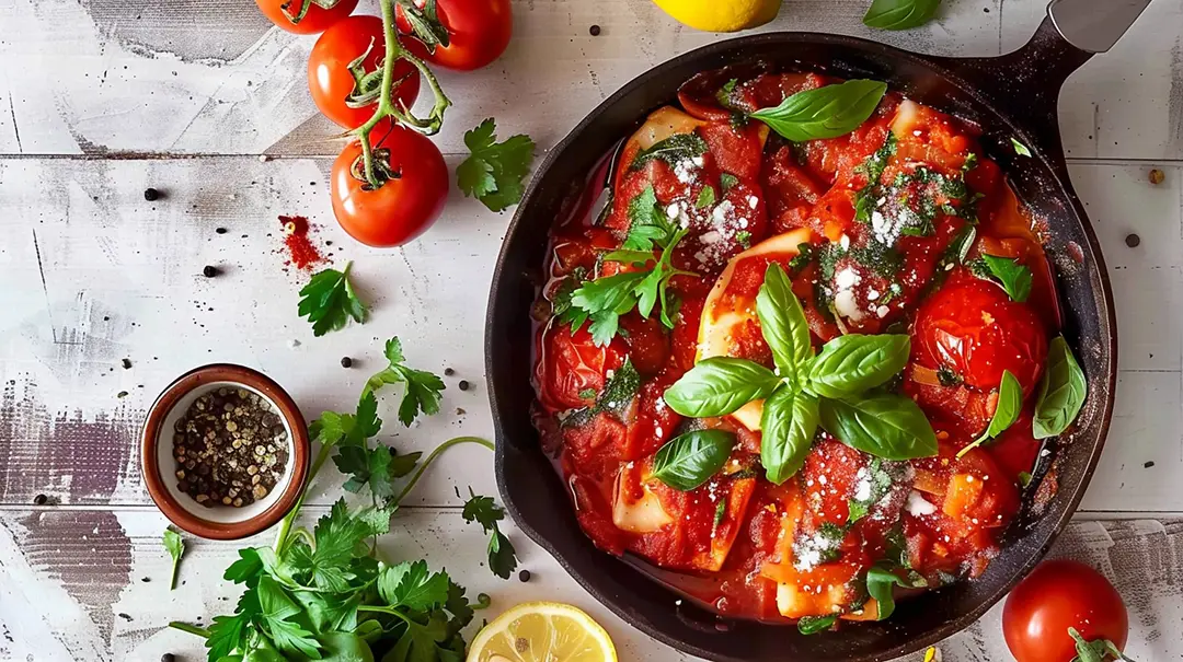 Baked Fish with tomatoes and basil.