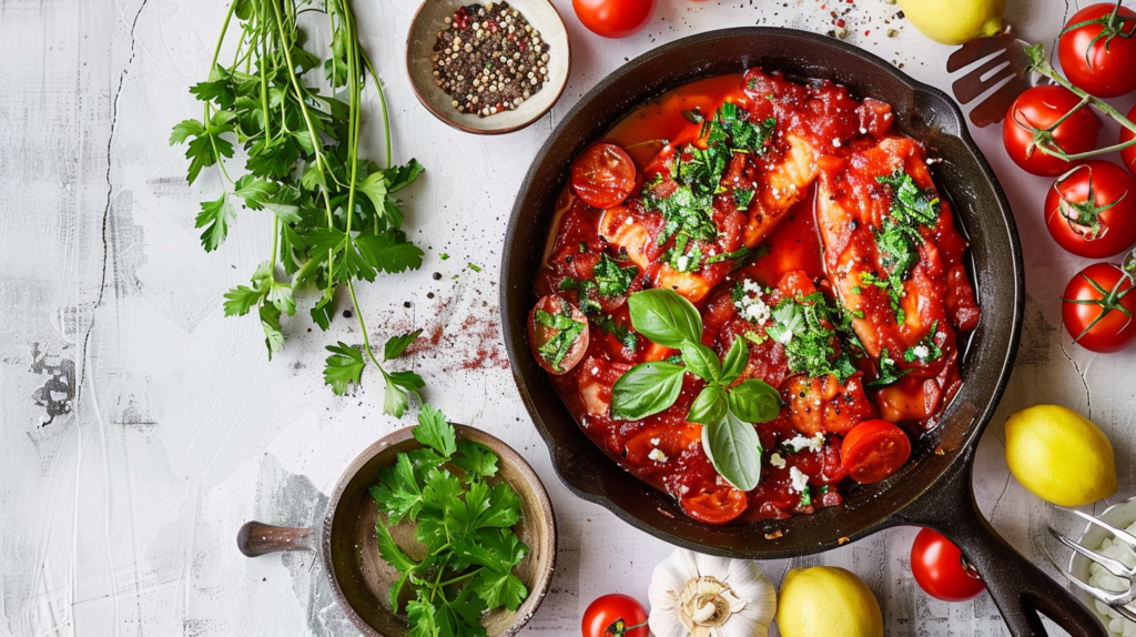 Cooking pan with fresh tomato basil Fish dish.