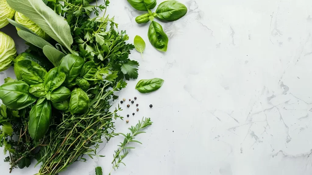 Fresh herbs and spices on white background