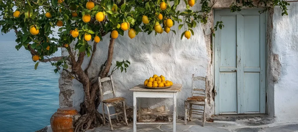 Table with lemons by Mediterranean sea and house.